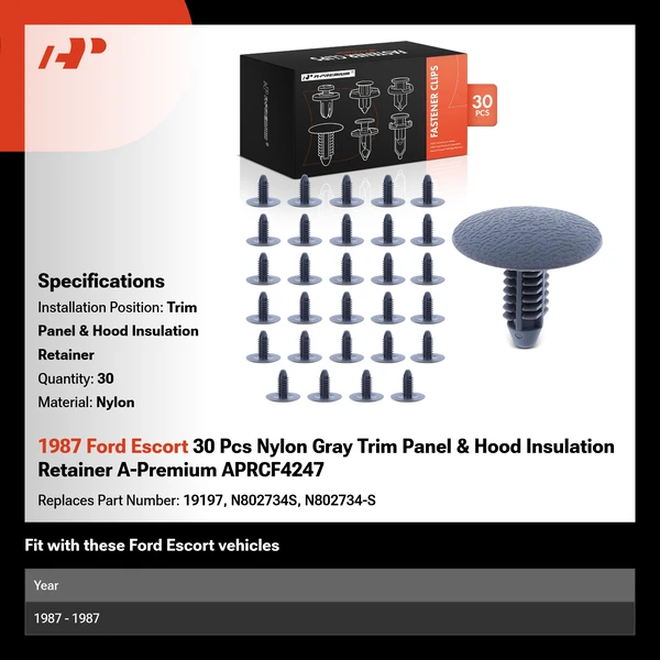 1987 Ford Escort 30 Pcs Nylon Gray Trim Panel & Hood Insulation Retainer A-Premium APRCF4247
