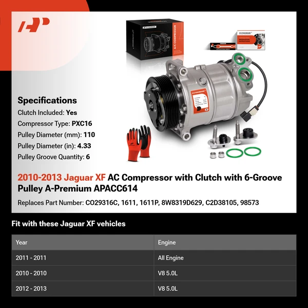 2010-2013 Jaguar XF AC Compressor with Clutch with 6-Groove Pulley A-Premium APACC614