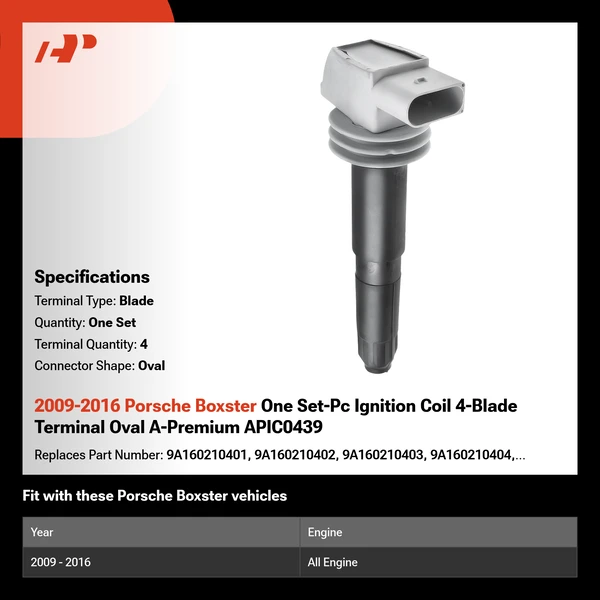 2009-2016 Porsche Boxster One Set-Pc Ignition Coil 4-Blade Terminal Oval A-Premium APIC0439