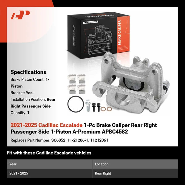 2021-2025 Cadillac Escalade 1-Pc Brake Caliper Rear Right Passenger Side 1-Piston A-Premium APBC4582