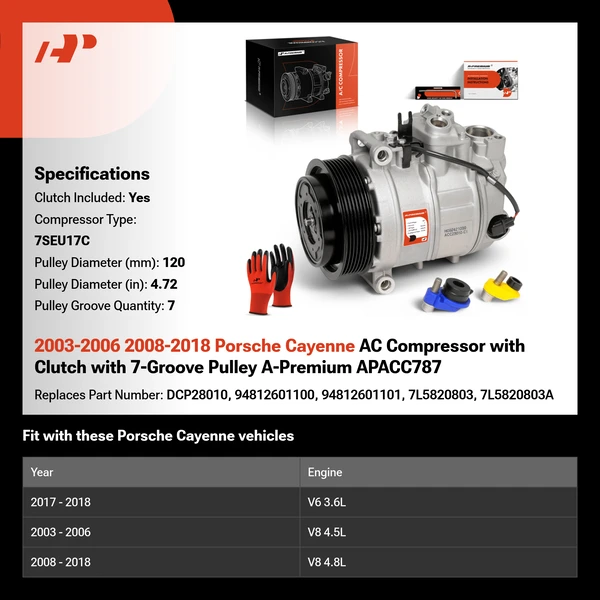 2003-2006 2008-2018 Porsche Cayenne AC Compressor with Clutch with 7-Groove Pulley A-Premium APACC787