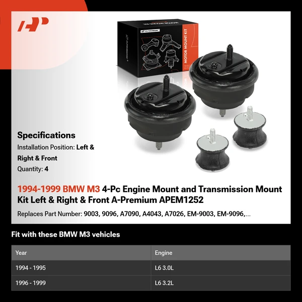 1994-1999 BMW M3 4-Pc Engine Mount and Transmission Mount Kit Left & Right & Front A-Premium APEM1252