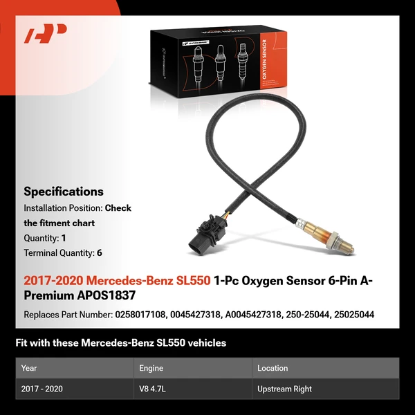 2017-2020 Mercedes-Benz SL550 1-Pc Oxygen Sensor 6-Pin A-Premium APOS1837