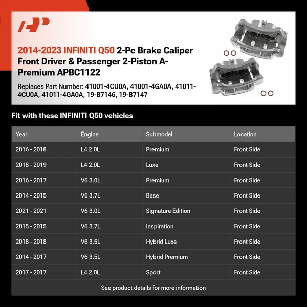 2014-2023 INFINITI Q50 2-Pc Brake Caliper Front Driver & Passenger 2-Piston A-Premium APBC1122