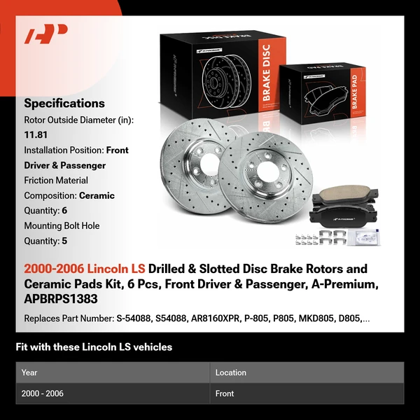 2000-2006 Lincoln LS Drilled & Slotted Disc Brake Rotors and Ceramic Pads Kit, 6 Pcs, Front Driver & Passenger, A-Premium, APBRPS1383
