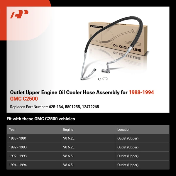 Outlet Upper Engine Oil Cooler Hose Assembly for 1988-1994 GMC C2500
