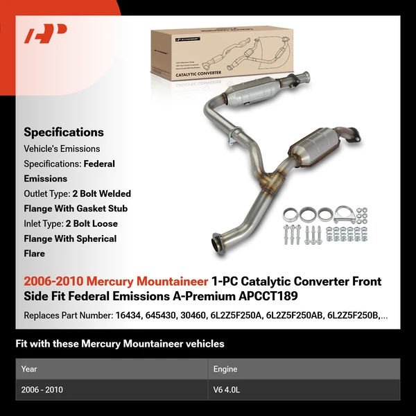 2006-2010 Mercury Mountaineer 1-PC Catalytic Converter Front Side Fit Federal Emissions A-Premium APCCT189