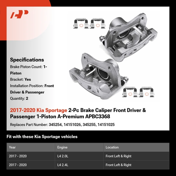 2017-2020 Kia Sportage 2-Pc Brake Caliper Front Driver & Passenger 1-Piston A-Premium APBC3368