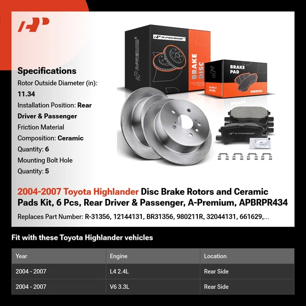 2004-2007 Toyota Highlander Disc Brake Rotors and Ceramic Pads Kit, 6 Pcs, Rear Driver & Passenger, A-Premium, APBRPR434
