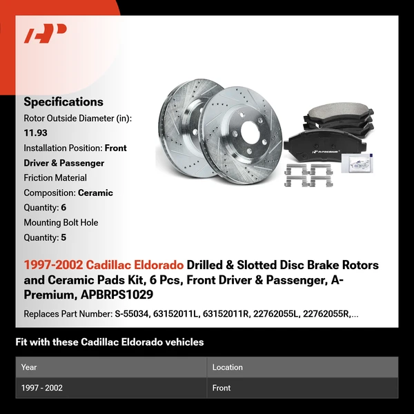 1997-2002 Cadillac Eldorado Drilled & Slotted Disc Brake Rotors and Ceramic Pads Kit, 6 Pcs, Front Driver & Passenger, A-Premium, APBRPS1029