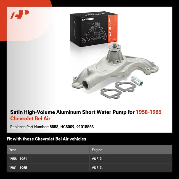 Satin High-Volume Aluminum Short Water Pump for 1958-1965 Chevrolet Bel Air