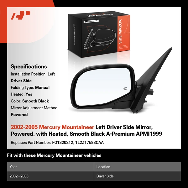 2002-2005 Mercury Mountaineer Left Driver Side Mirror, Powered, with Heated, Smooth Black A-Premium APMI1999