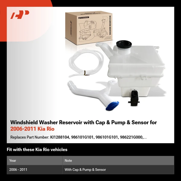 Windshield Washer Reservoir with Cap & Pump & Sensor for 2006-2011 Kia Rio