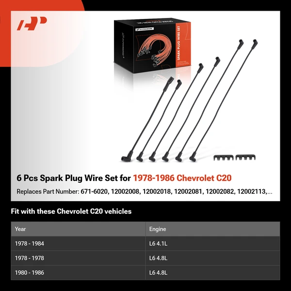 6 Pcs Spark Plug Wire Set for 1978-1986 Chevrolet C20