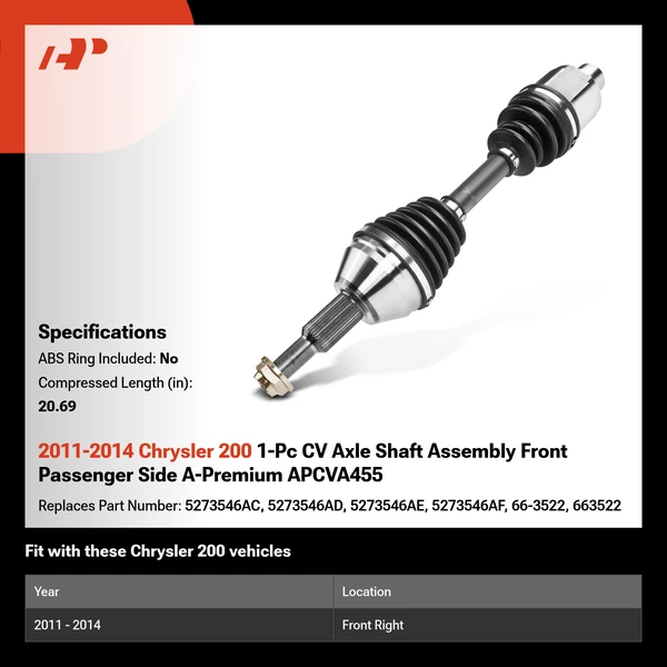 2011-2014 Chrysler 200 1-Pc CV Axle Shaft Assembly Front Passenger Side A-Premium APCVA455