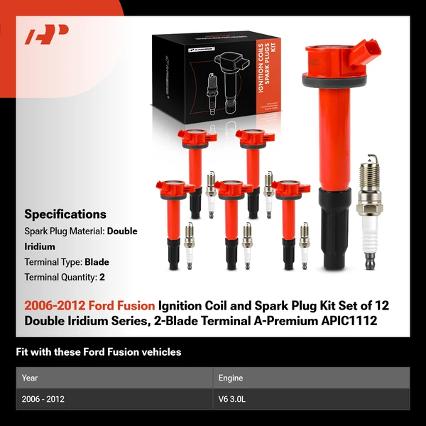 2006-2012 Ford Fusion Ignition Coil and Spark Plug Kit Set of 12 Double Iridium Series, 2-Blade Terminal A-Premium APIC1112