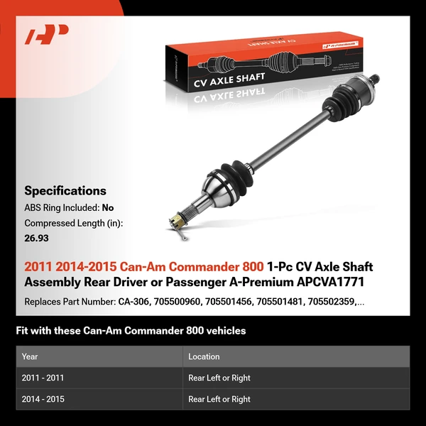 2011 2014-2015 Can-Am Commander 800 1-Pc CV Axle Shaft Assembly Rear Driver or Passenger A-Premium APCVA1771