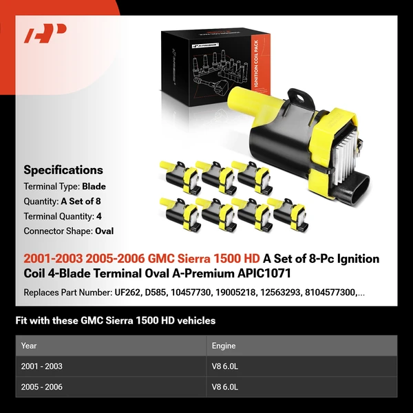 2001-2003 2005-2006 GMC Sierra 1500 HD A Set of 8-Pc Ignition Coil 4-Blade Terminal Oval A-Premium APIC1071