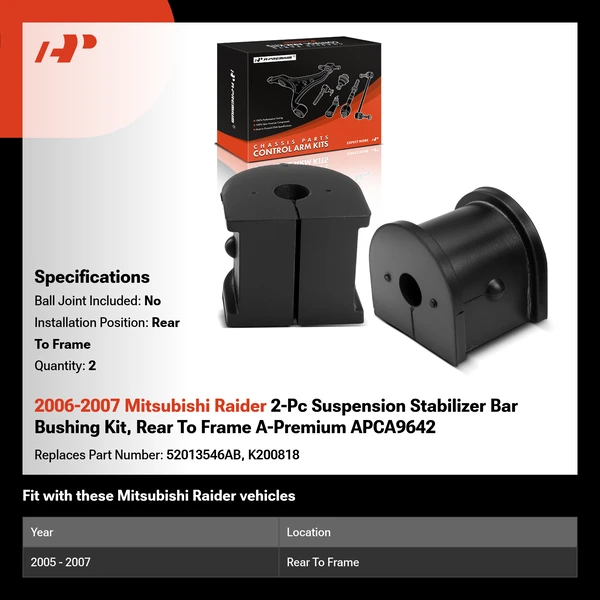 2006-2007 Mitsubishi Raider 2-Pc Suspension Stabilizer Bar Bushing Kit, Rear To Frame A-Premium APCA9642