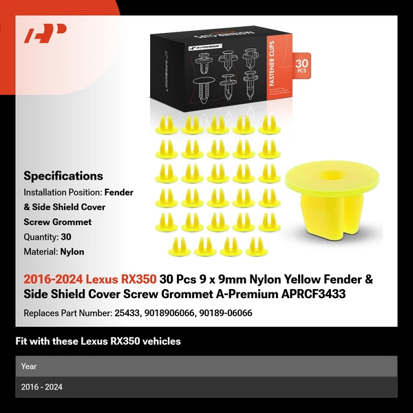 2016-2024 Lexus RX350 30 Pcs 9 x 9mm Nylon Yellow Fender & Side Shield Cover Screw Grommet A-Premium APRCF3433