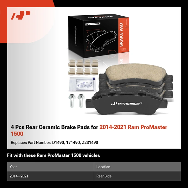 4 Pcs Rear Ceramic Brake Pads for 2014-2021 Ram ProMaster 1500