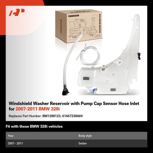 Windshield Washer Reservoir with Pump Cap Sensor Hose Inlet for 2007-2011 BMW 328i