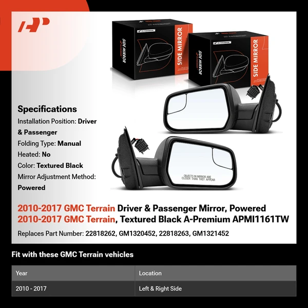 2010-2017 GMC Terrain Driver & Passenger Mirror, Powered 2010-2017 GMC Terrain, Textured Black A-Premium APMI1161TW