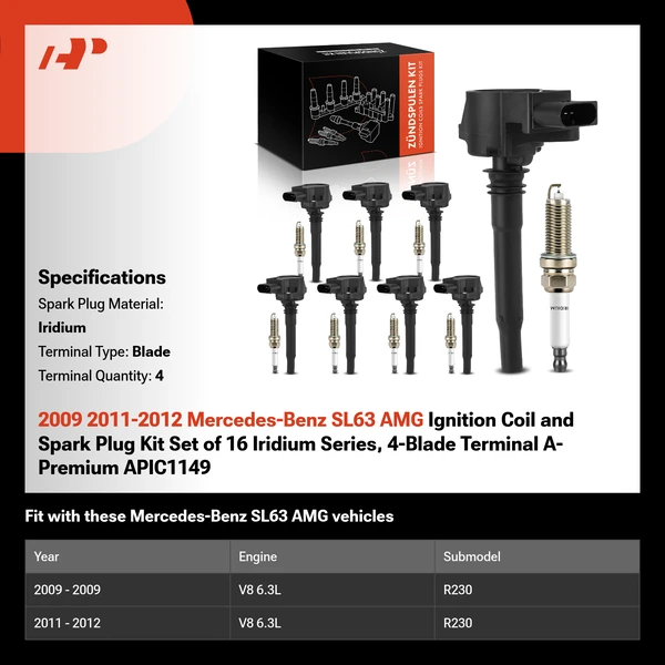 2009 2011-2012 Mercedes-Benz SL63 AMG Ignition Coil and Spark Plug Kit Set of 16 Iridium Series, 4-Blade Terminal A-Premium APIC1149
