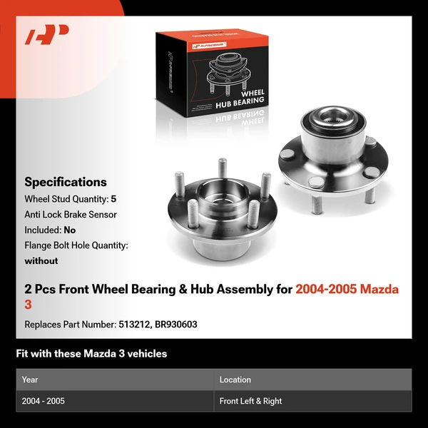 2 Pcs Front Wheel Bearing & Hub Assembly for 2004-2005 Mazda 3