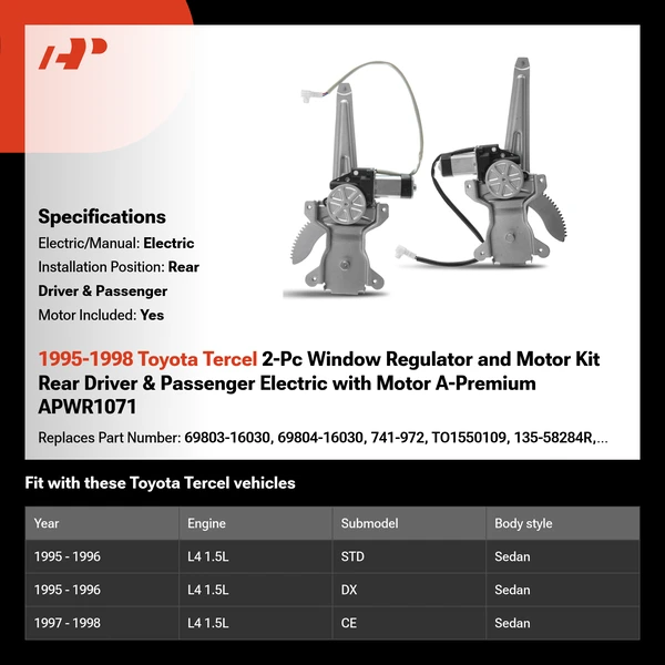 1995-1998 Toyota Tercel 2-Pc Window Regulator and Motor Kit Rear Driver & Passenger Electric with Motor A-Premium APWR1071