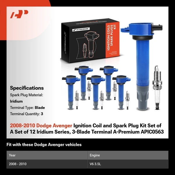 2008-2010 Dodge Avenger Ignition Coil and Spark Plug Kit Set of A Set of 12 Iridium Series, 3-Blade Terminal A-Premium APIC0563