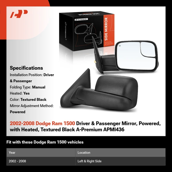 2002-2008 Dodge Ram 1500 Driver & Passenger Mirror, Powered, with Heated, Textured Black A-Premium APMI436
