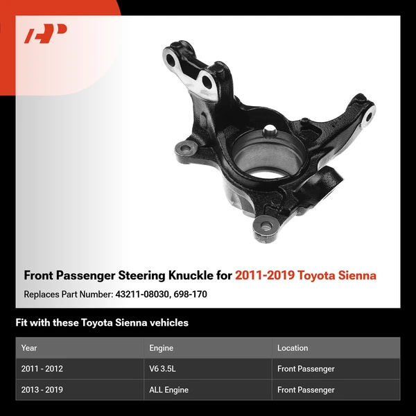 Front Passenger Steering Knuckle for 2011-2019 Toyota Sienna