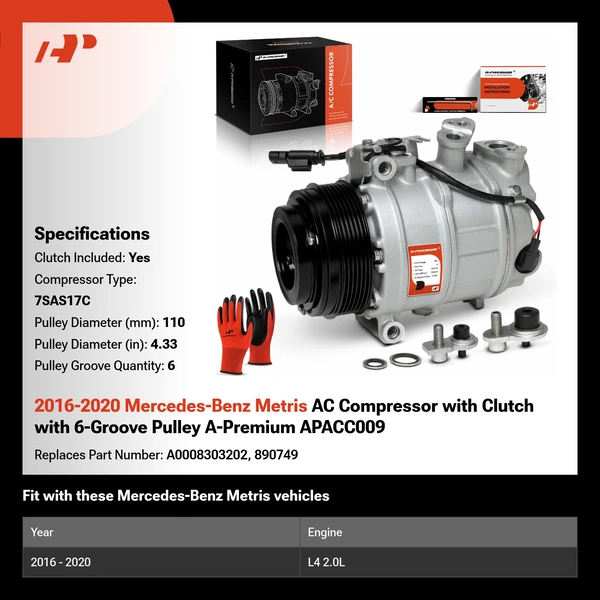2016-2020 Mercedes-Benz Metris AC Compressor with Clutch with 6-Groove Pulley A-Premium APACC009