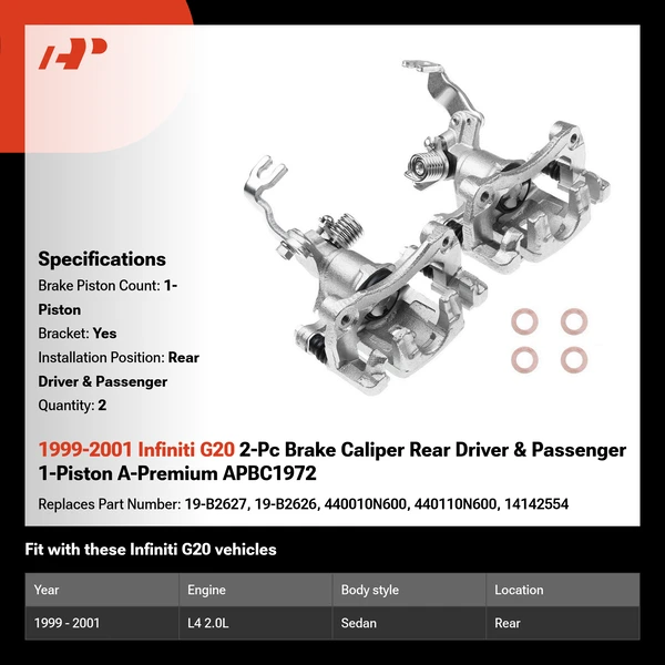 1999-2001 Infiniti G20 2-Pc Brake Caliper Rear Driver & Passenger 1-Piston A-Premium APBC1972