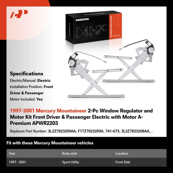 1997-2001 Mercury Mountaineer 2-Pc Window Regulator and Motor Kit Front Driver & Passenger Electric with Motor A-Premium APWR2203