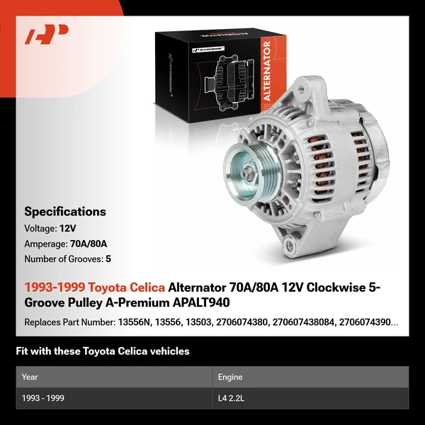 1993-1999 Toyota Celica Alternator 70A/80A 12V Clockwise 5-Groove Pulley A-Premium APALT940