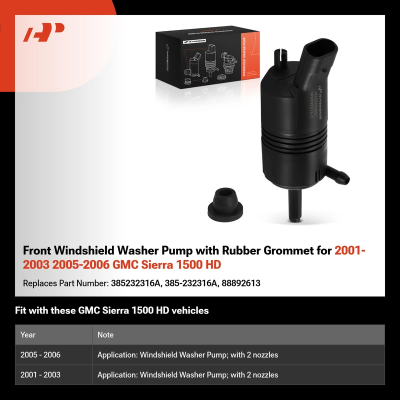 Front Windshield Washer Pump with Rubber Grommet for 2001-2003 2005-2006 GMC Sierra 1500 HD