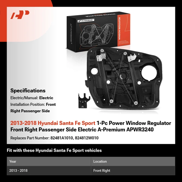 2013-2018 Hyundai Santa Fe Sport 1-Pc Power Window Regulator Front Right Passenger Side Electric A-Premium APWR3240