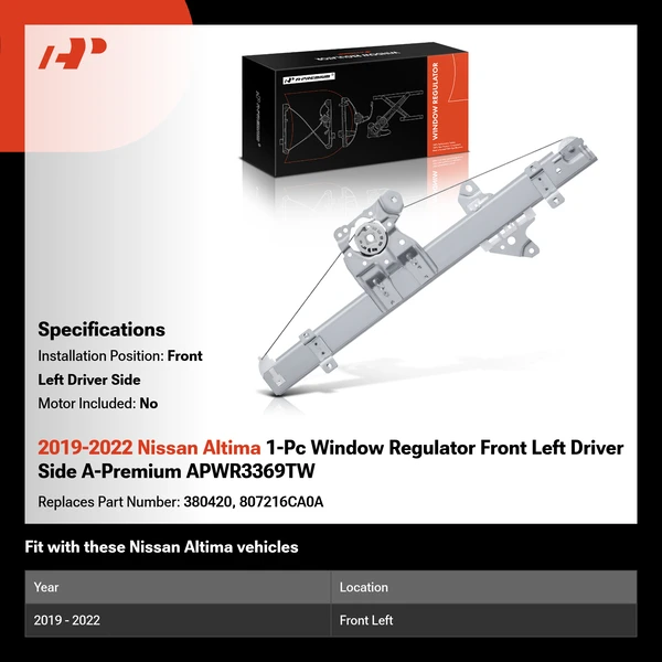 2019-2022 Nissan Altima 1-Pc Window Regulator Front Left Driver Side A-Premium APWR3369TW