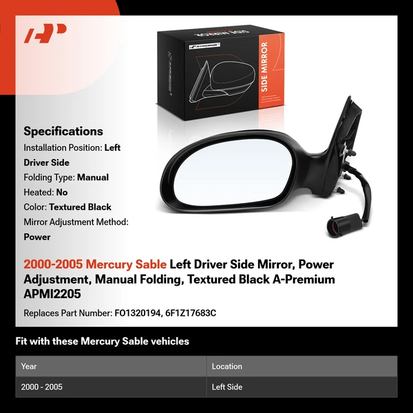 2000-2005 Mercury Sable Left Driver Side Mirror, Power Adjustment, Manual Folding, Textured Black A-Premium APMI2205