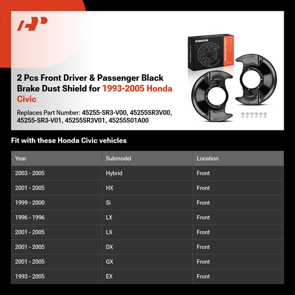 2 Pcs Front Driver & Passenger Black Brake Dust Shield for 1993-2005 Honda Civic