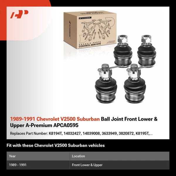 1989-1991 Chevrolet V2500 Suburban Ball Joint Front Lower & Upper A-Premium APCA0595