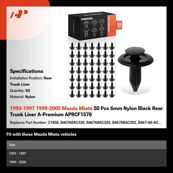 1993-1997 1999-2005 Mazda Miata 50 Pcs 6mm Nylon Black Rear Trunk Liner A-Premium APRCF1578