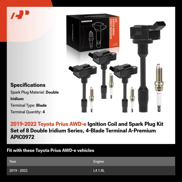 2019-2022 Toyota Prius AWD-e Ignition Coil and Spark Plug Kit Set of 8 Double Iridium Series, 4-Blade Terminal A-Premium APIC0972