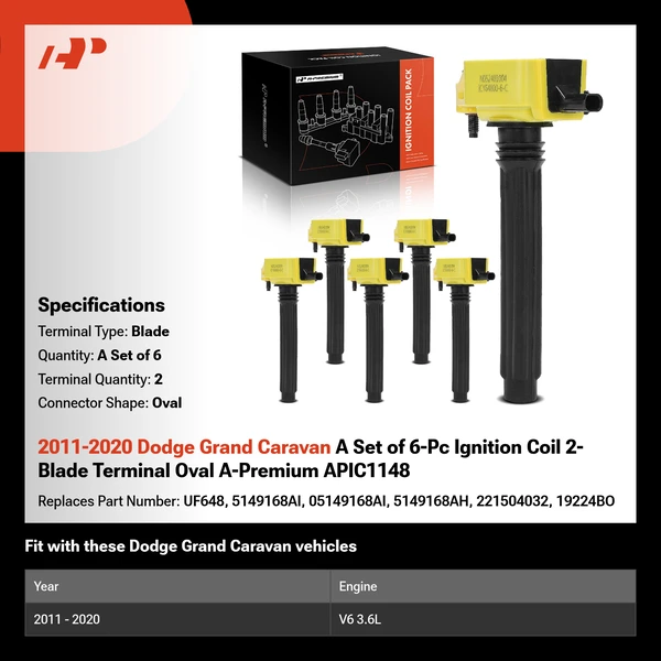 2011-2020 Dodge Grand Caravan A Set of 6-Pc Ignition Coil 2-Blade Terminal Oval A-Premium APIC1148