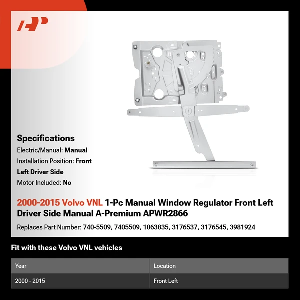 2000-2015 Volvo VNL 1-Pc Manual Window Regulator Front Left Driver Side Manual A-Premium APWR2866