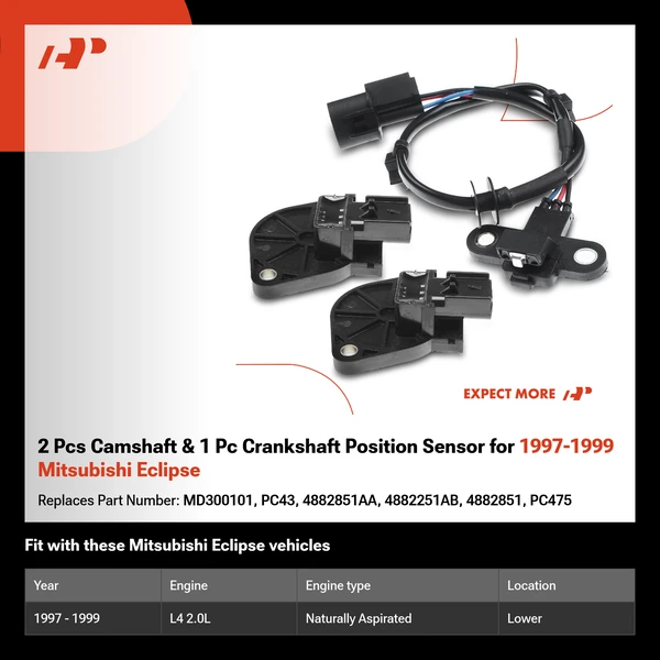 2 Pcs Camshaft & 1 Pc Crankshaft Position Sensor for 1997-1999 Mitsubishi Eclipse