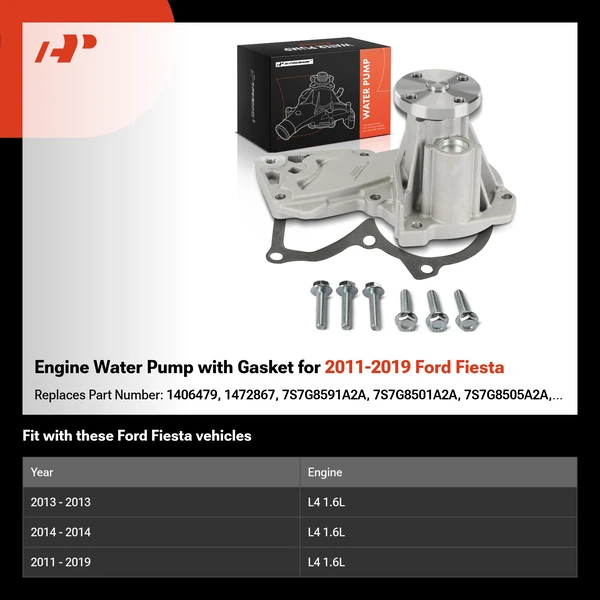 Engine Water Pump with Gasket for 2011-2019 Ford Fiesta