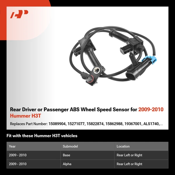 Rear Driver or Passenger ABS Wheel Speed Sensor for 2009-2010 Hummer H3T